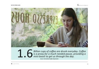 13"
Cultural"intelligence"OUT*OF*SYNCH*LIVES*
Billion)cups)of)coﬀee)are)drunk)everyday.)Coﬀee)
is)a)proxy)for)a)much)needed)pause,)providing)a)
miniLboost)to)get)us)through)the)day.))1.6" Source:&InternaIonal&Coﬀee&OrganisaIon&
 