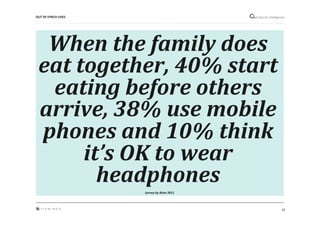 16"
Cultural"intelligence"
When$the$family$does$
eat$together,$40%$start$
eating$before$others$
arrive,$38%$use$mobile$
phones$and$10%$think$
it’s$OK$to$wear$
headphones$
Survey&by&Bisto&2011&
OUT*OF*SYNCH*LIVES*
 