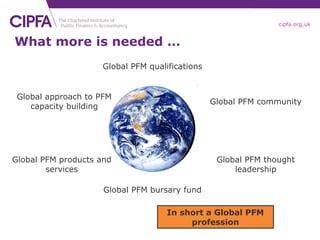 What more is needed … Global PFM qualifications Global PFM community Global PFM thought leadership In short a Global PFM profession Global PFM bursary fund Global approach to PFM capacity building Global PFM products and services 