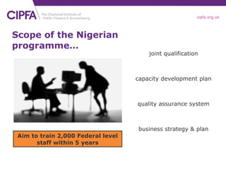 Scope of the Nigerian programme… Aim to train 2,000 Federal level staff within 5 years joint qualification capacity development plan quality assurance system business strategy & plan 