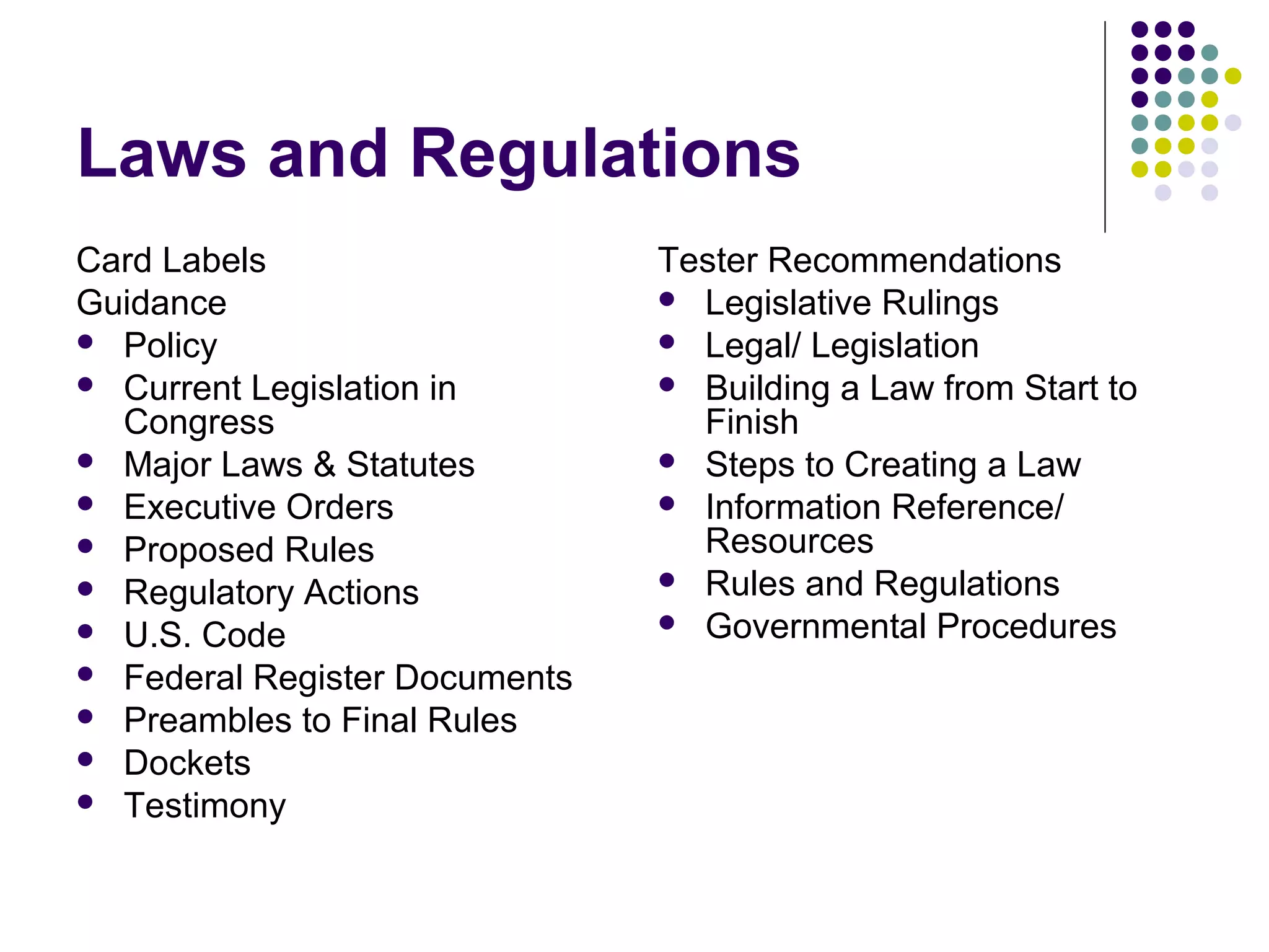 Laws and Regulations
Card Labels
Guidance
 Policy
 Current Legislation in
Congress
 Major Laws & Statutes
 Executive Orders
 Proposed Rules
 Regulatory Actions
 U.S. Code
 Federal Register Documents
 Preambles to Final Rules
 Dockets
 Testimony
Tester Recommendations
 Legislative Rulings
 Legal/ Legislation
 Building a Law from Start to
Finish
 Steps to Creating a Law
 Information Reference/
Resources
 Rules and Regulations
 Governmental Procedures
 