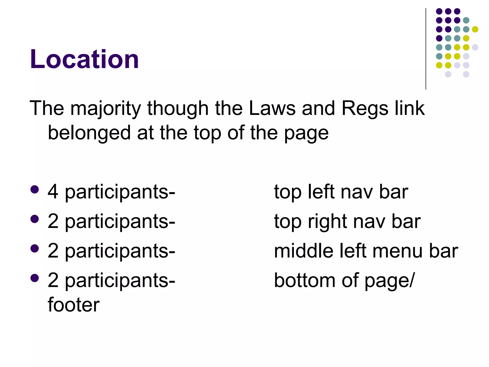 Location
The majority though the Laws and Regs link
belonged at the top of the page
 4 participants- top left nav bar
 2 participants- top right nav bar
 2 participants- middle left menu bar
 2 participants- bottom of page/
footer
 