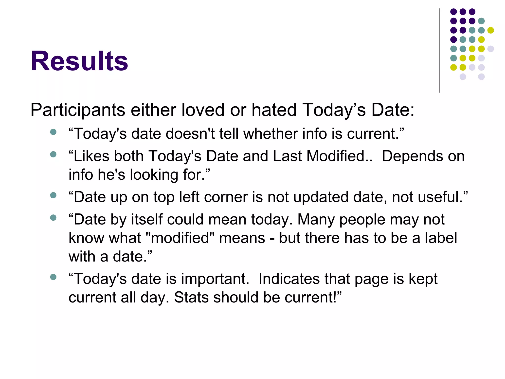 Results
Participants either loved or hated Today’s Date:
 “Today's date doesn't tell whether info is current.”
 “Likes both Today's Date and Last Modified.. Depends on
info he's looking for.”
 “Date up on top left corner is not updated date, not useful.”
 “Date by itself could mean today. Many people may not
know what "modified" means - but there has to be a label
with a date.”
 “Today's date is important. Indicates that page is kept
current all day. Stats should be current!”
 