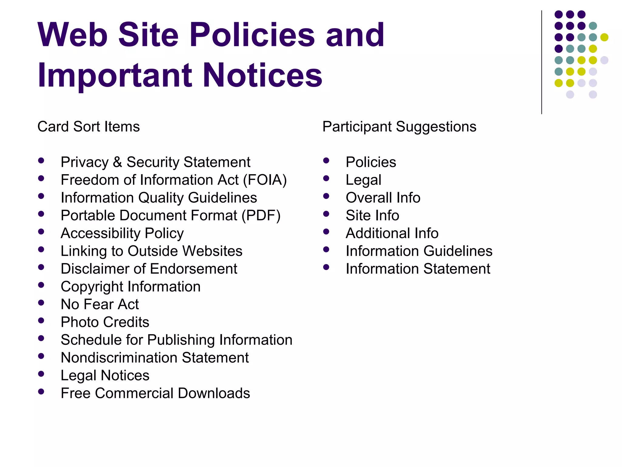 Web Site Policies and
Important Notices
Card Sort Items
 Privacy & Security Statement
 Freedom of Information Act (FOIA)
 Information Quality Guidelines
 Portable Document Format (PDF)
 Accessibility Policy
 Linking to Outside Websites
 Disclaimer of Endorsement
 Copyright Information
 No Fear Act
 Photo Credits
 Schedule for Publishing Information
 Nondiscrimination Statement
 Legal Notices
 Free Commercial Downloads
Participant Suggestions
 Policies
 Legal
 Overall Info
 Site Info
 Additional Info
 Information Guidelines
 Information Statement
 