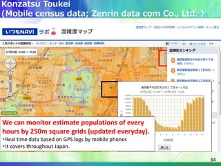 34
Konzatsu Toukei
(Mobile census data; Zenrin data com Co., Ltd. ）
We can monitor estimate populations of every
hours by ...