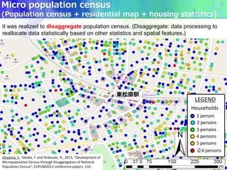 56
Micro population census
(Population census + residential map + housing statistics)
It was realized to disaggregate population census. (Disaggregate: data processing to
reallocate data statistically based on other statistics and spatial features.)
東松原駅
LEGEND
Households
1 person
3 persons
4 persons
5 persons
≧6 persons
2 persons
Akiyama, Y., Takada, T. and Shibasaki, R., 2013, "Development of
Micropopulation Census through Disaggregation of National
Population Census", CUPUM2013 conference papers, 110.
 