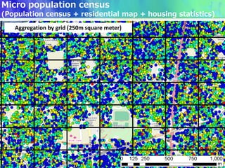 Aggregation by grid (250m square meter)
Micro population census
(Population census + residential map + housing statistics)
 