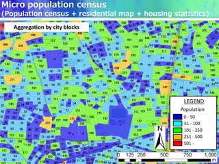 Aggregation by city blocks
LEGEND
Population
0 - 50
101 - 250
251 - 500
501 -
51 - 100
Micro population census
(Population...
