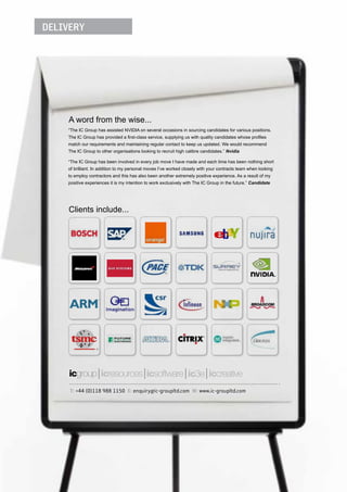 DELIVERY




    “The IC Group has assisted NVIDIA on several occasions in sourcing candidates for various positions.



                                                                                 Nvidia




                                                                                            Candidate




     Clients include...




     T: +44 (0)118 988 1150 E: enquiry@ic-groupltd.com W: www.ic-groupltd.com


                                                                                                           Recruitment partner to the technology industry


                                                                                                           T: +44 (0)118 988 1150 E: enquiry@ic-groupltd.com W: www.ic-groupltd.com
 