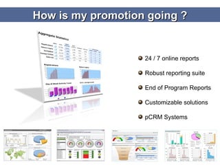 24 / 7 online reports Robust reporting suite End of Program Reports Customizable solutions pCRM Systems How is my promotion going ? 