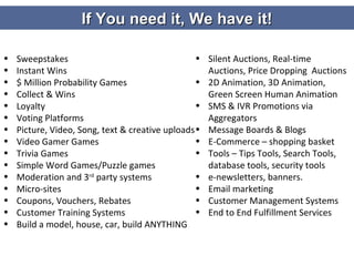 Sweepstakes Instant Wins $ Million Probability Games Collect & Wins Loyalty Voting Platforms Picture, Video, Song, text & creative uploads Video Gamer Games Trivia Games Simple Word Games/Puzzle games Moderation and 3 rd  party systems  Micro-sites Coupons, Vouchers, Rebates Customer Training Systems Build a model, house, car, build ANYTHING Silent Auctions, Real-time Auctions, Price Dropping  Auctions 2D Animation, 3D Animation, Green Screen Human Animation SMS & IVR Promotions via Aggregators Message Boards & Blogs E-Commerce – shopping basket Tools – Tips Tools, Search Tools, database tools, security tools e-newsletters, banners.  Email marketing Customer Management Systems End to End Fulfillment Services  If You need it, We have it! 