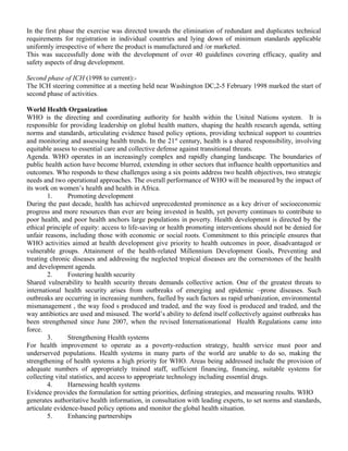 In the first phase the exercise was directed towards the elimination of redundant and duplicates technical 
requirements for registration in individual countries and lying down of minimum standards applicable 
uniformly irrespective of where the product is manufactured and /or marketed. 
This was successfully done with the development of over 40 guidelines covering efficacy, quality and 
safety aspects of drug development. 
Second phase of ICH (1998 to current):- 
The ICH steering committee at a meeting held near Washington DC,2-5 February 1998 marked the start of 
second phase of activities. 
World Health Organization 
WHO is the directing and coordinating authority for health within the United Nations system. It is 
responsible for providing leadership on global health matters, shaping the health research agenda, setting 
norms and standards, articulating evidence based policy options, providing technical support to countries 
and monitoring and assessing health trends. In the 21st century, health is a shared responsibility, involving 
equitable assess to essential care and collective defense against transitional threats. 
Agenda. WHO operates in an increasingly complex and rapidly changing landscape. The boundaries of 
public health action have become blurred, extending in other sectors that influence health opportunities and 
outcomes. Who responds to these challenges using a six points address two health objectives, two strategic 
needs and two operational approaches. The overall performance of WHO will be measured by the impact of 
its work on women’s health and health in Africa. 
1. Promoting development 
During the past decade, health has achieved unprecedented prominence as a key driver of socioeconomic 
progress and more resources than ever are being invested in health, yet poverty continues to contribute to 
poor health, and poor health anchors large populations in poverty. Health development is directed by the 
ethical principle of equity: access to life-saving or health promoting interventions should not be denied for 
unfair reasons, including those with economic or social roots. Commitment to this principle ensures that 
WHO activities aimed at health development give priority to health outcomes in poor, disadvantaged or 
vulnerable groups. Attainment of the health-related Millennium Development Goals, Preventing and 
treating chronic diseases and addressing the neglected tropical diseases are the cornerstones of the health 
and development agenda. 
2. Fostering health security 
Shared vulnerability to health security threats demands collective action. One of the greatest threats to 
international health security arises from outbreaks of emerging and epidemic –prone diseases. Such 
outbreaks are occurring in increasing numbers, fuelled by such factors as rapid urbanization, environmental 
mismanagement , the way food s produced and traded, and the way food is produced and traded, and the 
way antibiotics are used and misused. The world’s ability to defend itself collectively against outbreaks has 
been strengthened since June 2007, when the revised Internationational Health Regulations came into 
force. 
3. Strengthening Health systems 
For health improvement to operate as a poverty-reduction strategy, health service must poor and 
underserved populations. Health systems in many parts of the world are unable to do so, making the 
strengthening of health systems a high priority for WHO. Areas being addressed include the provision of 
adequate numbers of appropriately trained staff, sufficient financing, financing, suitable systems for 
collecting vital statistics, and access to appropriate technology including essential drugs. 
4. Harnessing health systems 
Evidence provides the formulation for setting priorities, defining strategies, and measuring results. WHO 
generates authoritative health information, in consultation with leading experts, to set norms and standards, 
articulate evidence-based policy options and monitor the global health situation. 
5. Enhancing partnerships 
 