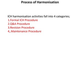 Process of Harmonisation
ICH harmonisation activities fall into 4 categories;
1.Formal ICH Procedure
2.Q&A Procedure
3.Revision Procedure
4,.Maintenance Procedure
 