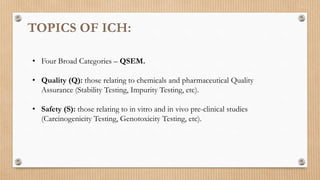 • Four Broad Categories – QSEM.
• Quality (Q): those relating to chemicals and pharmaceutical Quality
Assurance (Stability Testing, Impurity Testing, etc).
• Safety (S): those relating to in vitro and in vivo pre-clinical studies
(Carcinogenicity Testing, Genotoxicity Testing, etc).
 
