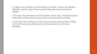 • In Japan, the members are the Ministry of Health, Labour and Welfare
(MHLW), and the Japan Pharmaceutical Manufacturers Association
(JPMA).
• In Europe, the members are the European Union (EU), and the European
Federation of Pharmaceutical Industries and Associations (EFPIA).
• In the USA, the members are the Food and Drug Administration (FDA),
and the Pharmaceutical Research and Manufacturers of America
(PhRMA).
12
 