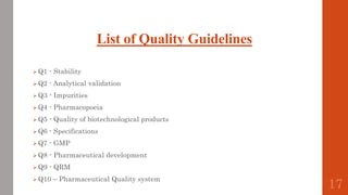 List of Quality Guidelines
 Q1 - Stability
Q2 - Analytical validation
 Q3 - Impurities
 Q4 - Pharmacopoeia
 Q5 - Quality of biotechnological products
 Q6 - Specifications
 Q7 - GMP
 Q8 - Pharmaceutical development
 Q9 - QRM
 Q10 – Pharmaceutical Quality system
17
 
