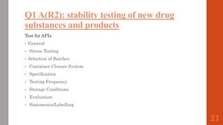 Q1 A(R2): stability testing of new drug
substances and products
Test for APIs
• General
• Stress Testing
• Selection of Batches
• Container Closure System
• Specification
• Testing Frequency
• Storage Conditions
• Evaluation
• Statements/Labelling
21
 