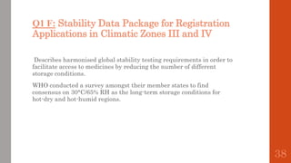 Q1 F: Stability Data Package for Registration
Applications in Climatic Zones III and IV
Describes harmonised global stability testing requirements in order to
facilitate access to medicines by reducing the number of different
storage conditions.
WHO conducted a survey amongst their member states to find
consensus on 30°C/65% RH as the long-term storage conditions for
hot-dry and hot-humid regions.
38
 
