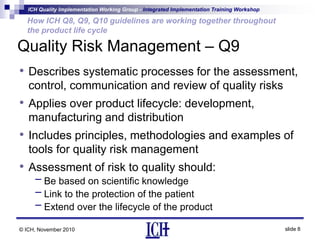 ICH Quality Implementation Working Group - Integrated Implementation Training Workshop
slide 8
How ICH Q8, Q9, Q10 guidelines are working together throughout
the product life cycle
© ICH, November 2010
Quality Risk Management – Q9
• Describes systematic processes for the assessment,
control, communication and review of quality risks
• Applies over product lifecycle: development,
manufacturing and distribution
• Includes principles, methodologies and examples of
tools for quality risk management
• Assessment of risk to quality should:
- Be based on scientific knowledge
- Link to the protection of the patient
- Extend over the lifecycle of the product
 