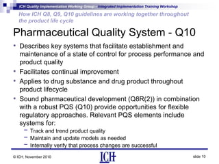 ICH Quality Implementation Working Group - Integrated Implementation Training Workshop
slide 10
How ICH Q8, Q9, Q10 guidelines are working together throughout
the product life cycle
© ICH, November 2010
Pharmaceutical Quality System - Q10
• Describes key systems that facilitate establishment and
maintenance of a state of control for process performance and
product quality
• Facilitates continual improvement
• Applies to drug substance and drug product throughout
product lifecycle
• Sound pharmaceutical development (Q8R(2)) in combination
with a robust PQS (Q10) provide opportunities for flexible
regulatory approaches. Relevant PQS elements include
systems for:
- Track and trend product quality
- Maintain and update models as needed
- Internally verify that process changes are successful
 