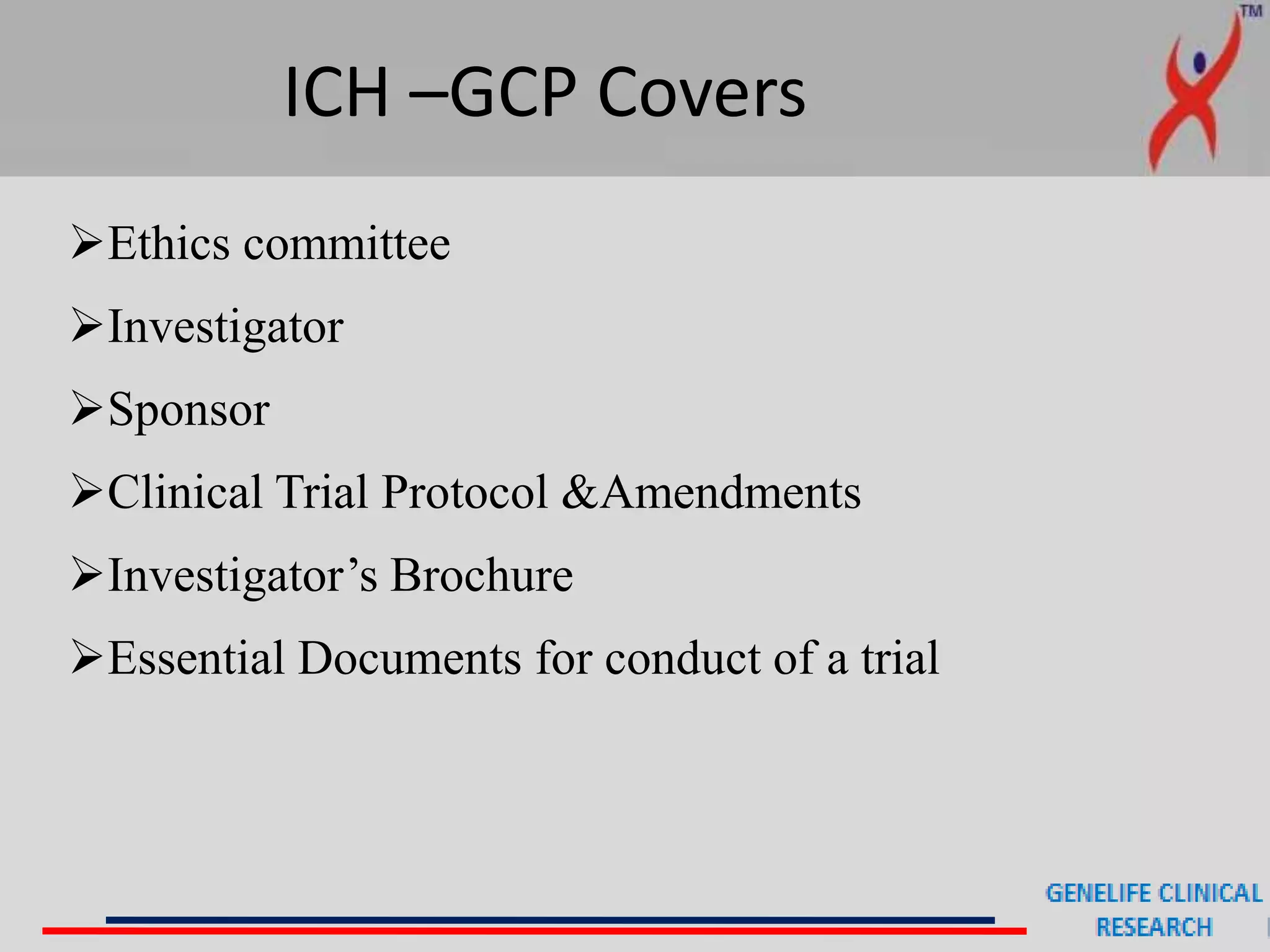 ICH –GCP Covers
Ethics committee
Investigator
Sponsor
Clinical Trial Protocol &Amendments
Investigator’s Brochure
Essential Documents for conduct of a trial
 