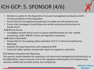 ICH-GCP: 5. SPONSOR (4/6)
• Maintain a system for the disposition of unused investigational product(s) and for
the documentation of this disposition
• Ensure that the investigational product(s) are stable over the period of use.
• Ensure that Investigator should follow the written procedures/instructions to
handle the IP
5.15.Record Access
• Investigator provide direct access to source data/documents for trial- related
monitoring, audits, IRB/IEC review, and regulatory inspection.
5.16.Safety Information
• Responsible for the ongoing safety evaluation of IP 5.17 Adverse Drug Reaction
Reporting
• Expedite the reporting serious and unexpected ADR
• Submit all safety updates and periodic reports to regulatory authorities
5.17 Adverse Drug Reaction Reporting
The sponsor should expedite the reporting to all concerned investigator(s)/institutions(s), to
the IRB(s)/IEC(s), where required, and to the regulatory authority(ies) of all adverse drug
reactions (ADRs) that are both serious and unexpected.
 