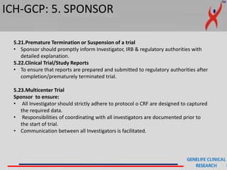 ICH-GCP: 5. SPONSOR
5.21.Premature Termination or Suspension of a trial
• Sponsor should promptly inform Investigator, IRB & regulatory authorities with
detailed explanation.
5.22.Clinical Trial/Study Reports
• To ensure that reports are prepared and submitted to regulatory authorities after
completion/prematurely terminated trial.
5.23.Multicenter Trial
Sponsor to ensure:
• All Investigator should strictly adhere to protocol o CRF are designed to captured
the required data.
• Responsibilities of coordinating with all investigators are documented prior to
the start of trial.
• Communication between all Investigators is facilitated.
 