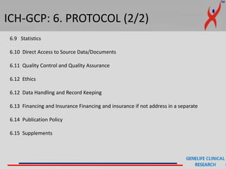 ICH-GCP: 6. PROTOCOL (2/2)
6.9 Statistics
6.10 Direct Access to Source Data/Documents
6.11 Quality Control and Quality Assurance
6.12 Ethics
6.12 Data Handling and Record Keeping
6.13 Financing and Insurance Financing and insurance if not address in a separate
6.14 Publication Policy
6.15 Supplements
 