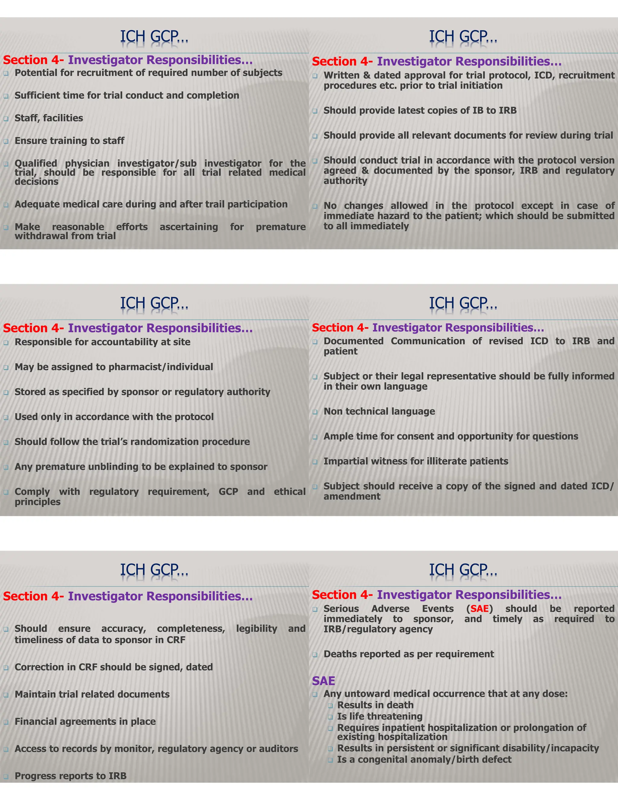 Section 4- Investigator Responsibilities…
 Potential for recruitment of required number of subjects
 Sufficient time for trial conduct and completion
 Staff, facilities
 Ensure training to staff
 Qualified physician investigator/sub investigator for the
trial, should be responsible for all trial related medical
decisions
 Adequate medical care during and after trail participation
 Make reasonable efforts ascertaining for premature
withdrawal from trial
ICH GCP…
Section 4- Investigator Responsibilities…
 Written & dated approval for trial protocol, ICD, recruitment
procedures etc. prior to trial initiation
 Should provide latest copies of IB to IRB
 Should provide all relevant documents for review during trial
 Should conduct trial in accordance with the protocol version
agreed & documented by the sponsor, IRB and regulatory
authority
 No changes allowed in the protocol except in case of
immediate hazard to the patient; which should be submitted
to all immediately
ICH GCP…
Section 4- Investigator Responsibilities…
 Responsible for accountability at site
 May be assigned to pharmacist/individual
 Stored as specified by sponsor or regulatory authority
 Used only in accordance with the protocol
 Should follow the trial’s randomization procedure
 Any premature unblinding to be explained to sponsor
 Comply with regulatory requirement, GCP and ethical
principles
ICH GCP…
Section 4- Investigator Responsibilities…
 Documented Communication of revised ICD to IRB and
patient
 Subject or their legal representative should be fully informed
in their own language
 Non technical language
 Ample time for consent and opportunity for questions
 Impartial witness for illiterate patients
 Subject should receive a copy of the signed and dated ICD/
amendment
ICH GCP…
Section 4- Investigator Responsibilities…
 Should ensure accuracy, completeness, legibility and
timeliness of data to sponsor in CRF
 Correction in CRF should be signed, dated
 Maintain trial related documents
 Financial agreements in place
 Access to records by monitor, regulatory agency or auditors
 Progress reports to IRB
ICH GCP…
Section 4- Investigator Responsibilities…
 Serious Adverse Events (SAE) should be reported
immediately to sponsor, and timely as required to
IRB/regulatory agency
 Deaths reported as per requirement
SAE
 Any untoward medical occurrence that at any dose:
 Results in death
 Is life threatening
 Requires inpatient hospitalization or prolongation of
existing hospitalization
 Results in persistent or significant disability/incapacity
 Is a congenital anomaly/birth defect
ICH GCP…
 
