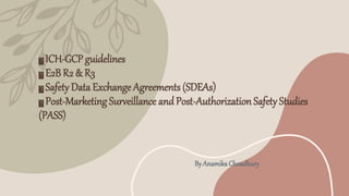 ICH-GCP guidelines
E2B R2 & R3
Safety Data Exchange Agreements (SDEAs)
Post-Marketing Surveillance andPost-Authorization Safety Studies
(PASS)
By AnamikaChoudhury
 