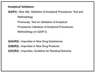 Analytical Validation
Q2(R1) : New title: Validation of Analytical Procedures: Text and
Methodology
Previously: Text on Validation of Analytical
Procedures Validation of Analytical Procedures:
Methodology (in Q2(R1))
Q3A(R2) : Impurities in New Drug Substances
Q3B(R2) : Impurities in New Drug Products
Q3C(R3) : Impurities: Guideline for Residual Solvents
 