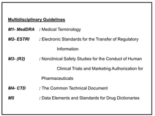 Multidisciplinary Guidelines
M1- MedDRA : Medical Terminology
M2- ESTRI : Electronic Standards for the Transfer of Regulatory
Information
M3- (R2) : Nonclinical Safety Studies for the Conduct of Human
Clinical Trials and Marketing Authorization for
Pharmaceuticals
M4- CTD : The Common Technical Document
M5 : Data Elements and Standards for Drug Dictionaries
 