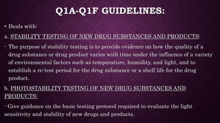 Q1A-Q1F GUIDELINES:
• Deals with:
a. STABILITY TESTING OF NEW DRUG SUBSTANCES AND PRODUCTS:
- The purpose of stability testing is to provide evidence on how the quality of a
drug substance or drug product varies with time under the influence of a variety
of environmental factors such as temperature, humidity, and light, and to
establish a re-test period for the drug substance or a shelf life for the drug
product.
b. PHOTOSTABILITY TESTING OF NEW DRUG SUBSTANCES AND
PRODUCTS:
- Give guidance on the basic testing protocol required to evaluate the light
sensitivity and stability of new drugs and products.
 
