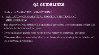 Q2 GUIDELINES:
- Deals with ANALYTICAL VALIDATIONS:
a. VALIDATION OF ANALYTICAL PROCEDURES- TEXT AND
METHODOLOGY:
- The objective of validation of an analytical procedure is to demonstrate that it is
suitable for its intended purpose
- Gives validation parameters needed for a variety of analytical methods
- Discusses the characteristics that must be considered during the validation of
the analytical procedures.
 