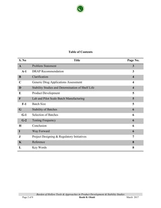 Burden of Hollow Tools & Approaches in Product Development & Stability Studies
Page 2 of 8 Roohi B. Obaid March 2017
Table of Contents
S. No Title Page No.
A Problem Statement 3
A-1 DRAP Recommendation 3
B Clarification 4
C Generic Drug Applications Assessment 4
D Stability Studies and Determination of Shelf Life 4
E Product Development 5
F Lab and Pilot Scale Batch Manufacturing 5
F-1 Batch Size 5
G Stability of Batches 6
G-1 Selection of Batches 6
G-2 Testing Frequency 6
H Conclusion 6
I Way Forward 6
J Project Designing & Regulatory Initiatives 7
K Reference 8
L Key Words 8
 