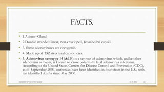 FACTS.
• 1.Adeno=Gland
• 2.Double stranded linear, non-enveloped, Icosahedral capsid.
• 3. Some adenoviruses are oncogenic.
• 4. Made up of 252 structural capsomeres.
• 5. Adenovirus serotype 14 (Ad14) is a serovar of adenovirus which, unlike other
adenovirus serovars, is known to cause potentially fatal adenovirus infections.
According to the United States Centers for Disease Control and Prevention (CDC),
as of September 2007, outbreaks have been identified in four states in the U.S., with
ten identified deaths since May 2006.
24-09-2020ABHIJITH SP CVAS POOKODE 24
 