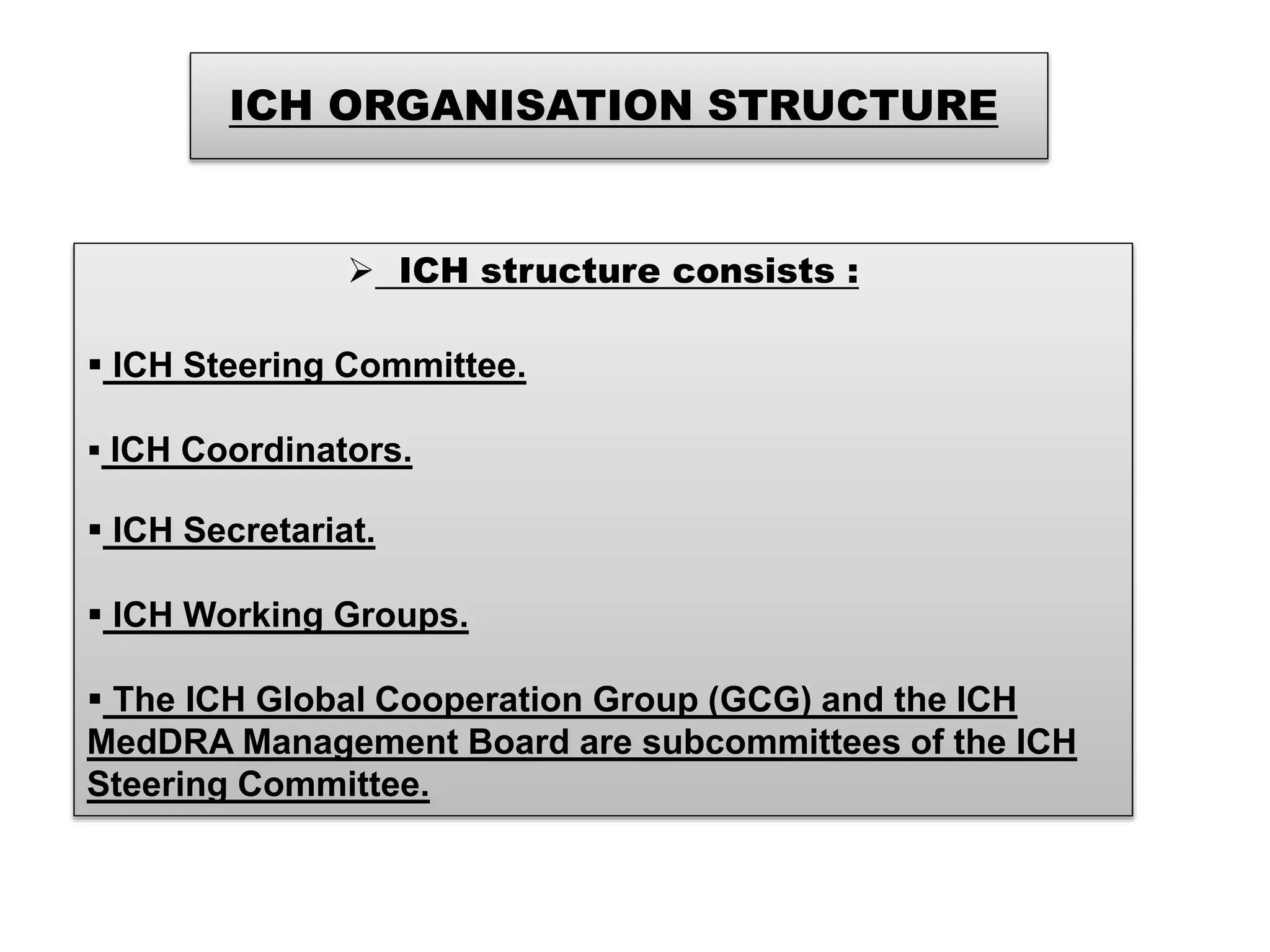 ICH ORGANISATION STRUCTURE
 ICH structure consists :
 ICH Steering Committee.
 ICH Coordinators.
 ICH Secretariat.
 ICH Working Groups.
 The ICH Global Cooperation Group (GCG) and the ICH
MedDRA Management Board are subcommittees of the ICH
Steering Committee.
 