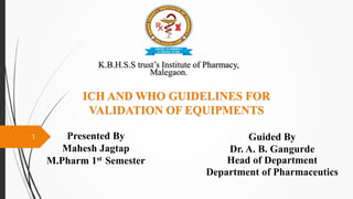 ICH AND WHO GUIDELINES FOR
VALIDATION OF EQUIPMENTS
Presented By
Mahesh Jagtap
M.Pharm 1st Semester
Guided By
Dr. A. B. Gangurde
Head of Department
Department of Pharmaceutics
K.B.H.S.S trust’s Institute of Pharmacy,
Malegaon.
1
 