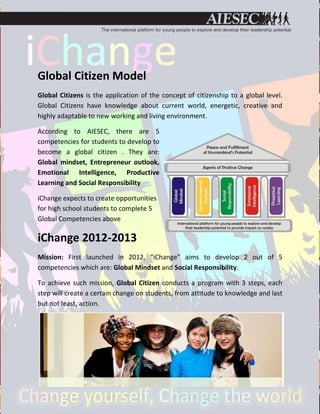 Global Citizen Model
Global Citizens is the application of the concept of citizenship to a global level.
Global Citizens have knowledge about current world, energetic, creative and
highly adaptable to new working and living environment.

According to AIESEC, there are 5
competencies for students to develop to
become a global citizen . They are:
Global mindset, Entrepreneur outlook,
Emotional Intelligence, Productive
Learning and Social Responsibility

iChange expects to create opportunities
for high school students to complete 5
Global Competencies above

iChange 2012-2013
Mission: First launched in 2012, “iChange” aims to develop 2 out of 5
competencies which are: Global Mindset and Social Responsibility.

To achieve such mission, Global Citizen conducts a program with 3 steps, each
step will create a certain change on students, from attitude to knowledge and last
but not least, action.
 