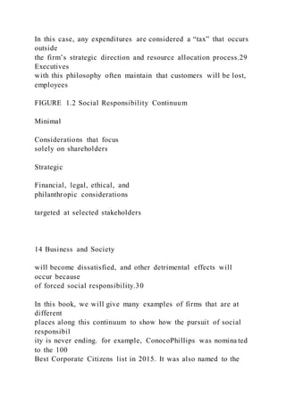 In this case, any expenditures are considered a “tax” that occurs
outside
the firm’s strategic direction and resource allocation process.29
Executives
with this philosophy often maintain that customers will be lost,
employees
FIGURE 1.2 Social Responsibility Continuum
Minimal
Considerations that focus
solely on shareholders
Strategic
Financial, legal, ethical, and
philanthropic considerations
targeted at selected stakeholders
14 Business and Society
will become dissatisfied, and other detrimental effects will
occur because
of forced social responsibility.30
In this book, we will give many examples of firms that are at
different
places along this continuum to show how the pursuit of social
responsibil
ity is never ending. for example, ConocoPhillips was nomina ted
to the 100
Best Corporate Citizens list in 2015. It was also named to the
 