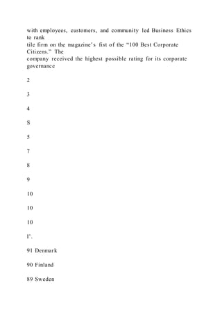 with employees, customers, and community led Business Ethics
to rank
tile firm on the magazine’s fist of the “100 Best Corporate
Citizens.” The
company received the highest possible rating for its corporate
governance
2
3
4
S
5
7
8
9
10
10
10
I’.
91 Denmark
90 Finland
89 Sweden
 