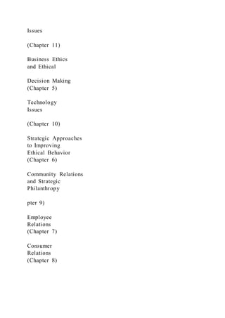 Issues
(Chapter 11)
Business Ethics
and Ethical
Decision Making
(Chapter 5)
Technology
Issues
(Chapter 10)
Strategic Approaches
to Improving
Ethical Behavior
(Chapter 6)
Community Relations
and Strategic
Philanthropy
pter 9)
Employee
Relations
(Chapter 7)
Consumer
Relations
(Chapter 8)
 
