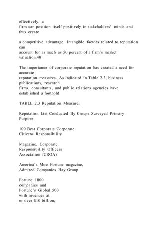 effectively, a
firm can position itself positively in stakeholders’ minds and
thus create
a competitive advantage. Intangible factors related to reputation
can
account for as much as 50 percent of a firm’s market
valuation.40
The importance of corporate reputation has created a need for
accurate
reputation measures. As indicated in Table 2.3, business
publications, research
firms, consultants, and public relations agencies have
established a foothold
TABLE 2.3 Reputation Measures
Reputation List Conducted By Groups Surveyed Primary
Purpose
100 Best Corporate Corporate
Citizens Responsibility
Magazine, Corporate
Responsibility Officers
Association fCROA)
America’s Most Fortune magazine,
Admired Companies Hay Group
Fortune 1000
companies and
Fortune’s Global 500
with revenues at
or over $10 billion;
 