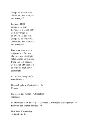 company executives,
directors, and analysts
are surveyed
Fortune 1000
companies and
Fortune’s Global 500
with revenues at
or over $10 billion;
company executives,
directors, and analysts
are surveyed
Business executives
responsible for pur
chasing and strategic
relationship decisions
from the top brands
with over $50 million
as well as high-level
customers
All of the company’s
stakeholders
General public Customized for
Clients
Professional money Publication
managers
54 Business and Society T Chapter 2 Strategic Management of
Stakeholder Relationships 55
100 Best Companies
to Work for in
 
