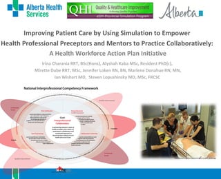 Improving Patient Care by Using Simulation to Empower 
Health Professional Preceptors and Mentors to Practice Collaboratively: 
A Health Workforce Action Plan Initiative 
Irina Charania RRT, BSc(Hons), Alyshah Kaba MSc, Resident PhD(c), 
Mirette Dube RRT, MSc, Jennifer Loken RN, BN, Marlene Donahue RN, MN, 
Ian Wishart MD, Steven Lopushinsky MD, MSc, FRCSC 
http://sunyem.com/simulation/images/resident_action.jpg 
 