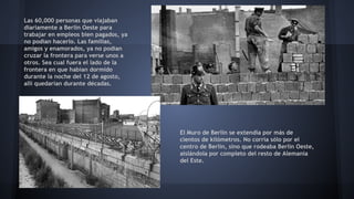 Las 60,000 personas que viajaban
diariamente a Berlín Oeste para
trabajar en empleos bien pagados, ya
no podían hacerlo. Las familias,
amigos y enamorados, ya no podían
cruzar la frontera para verse unos a
otros. Sea cual fuera el lado de la
frontera en que habían dormido
durante la noche del 12 de agosto,
allí quedarían durante décadas.
El Muro de Berlín se extendía por más de
cientos de kilómetros. No corría sólo por el
centro de Berlín, sino que rodeaba Berlín Oeste,
aislándola por completo del resto de Alemania
del Este.
 