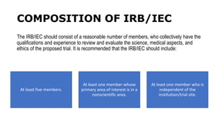 COMPOSITION OF IRB/IEC
The IRB/IEC should consist of a reasonable number of members, who collectively have the
qualifications and experience to review and evaluate the science, medical aspects, and
ethics of the proposed trial. It is recommended that the IRB/IEC should include:
At least five members.
At least one member whose
primary area of interest is in a
nonscientific area.
At least one member who is
independent of the
institution/trial site.
 