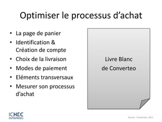 Optimiser le processus d’achat
• La page de panier
• Identification &
  Création de compte
• Choix de la livraison    Livre Blanc
• Modes de paiement       de Converteo
• Eléments transversaux
• Mesurer son processus
  d’achat


                                   Source : Converteo, 2011
 