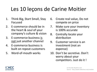 Les 10 leçons de Carine Moitier
1. Think Big, Start Small, Stay   6. Create real value, Do not
   Focused                            compete on price
2. E-commerce should be in        7. Make sure your inventory
   the heart & soul of your           is 100% accurate
   company’s culture & vision     8. Centrally locate your
3. E-commerce business is             distribution
   not just another channel       9. Customer service is an
4. E-commerce business is             investment (not an
   built on repeat customers          expense)
5. Word-of-mouth works            10. Don’t be secretive. Don’t
                                      worry about your
                                      competitors. Just do it !

                                              Co-founder Bivolino.com
                                              Source : http://www.slideshare.net/cmoitier
 