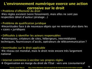 • Problème d’effectivité du droit :
les règles existent (voire foisonnent), mais elles ne sont pas
respectées (droit d’auteur/piratage…)

• Problème de qualification juridique
Incertitudes face à de nouveaux objets qui ne rentrent plus dans les
« cases » juridiques

• Difficultés à identifier les acteurs responsables
internautes, créateurs de sites, hébergeurs, intermédiaires
techniques, fournisseurs d’accès, opérateurs de télécommunication ?

• Incertitudes sur le droit applicable
le réseau est mondial, mais le droit reste encore très largement
national

• Internet commence à secréter ses propres règles
 Organisation en marge du droit de l’Etat : vers une Lexnumerica?
                                                                                                                 13
       Source: Lionel Maurel   http://www.slideshare.net/calimaq/droit-de-linternet-et-de-linformation-complet
 